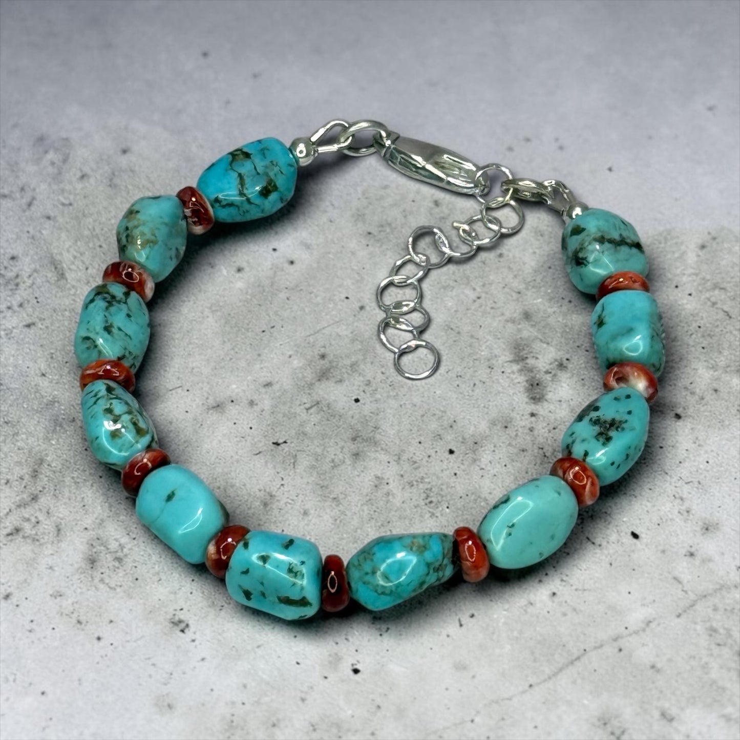 Valle - Old Stock Arizona Turquoise and Spiny Oyster Adjustable Sterling Silver Bracelet