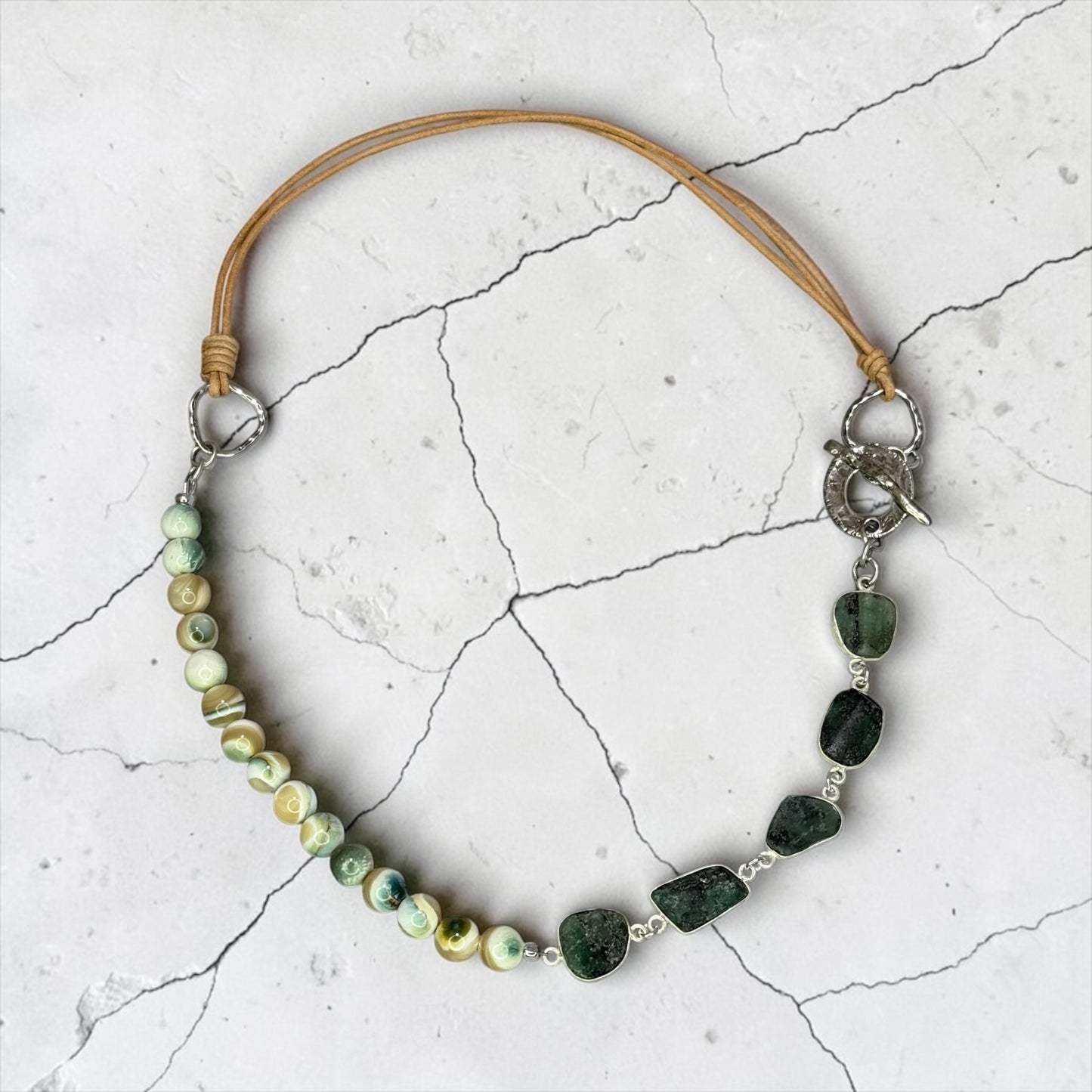 Nature Walk - Hand Cut Raw Emeralds and Turbo Green Mother of Pearl Necklace with Handmade Sterling Silver Clasp