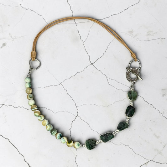 Nature Walk - Hand Cut Raw Emeralds and Turbo Green Mother of Pearl Necklace with Handmade Sterling Silver Clasp