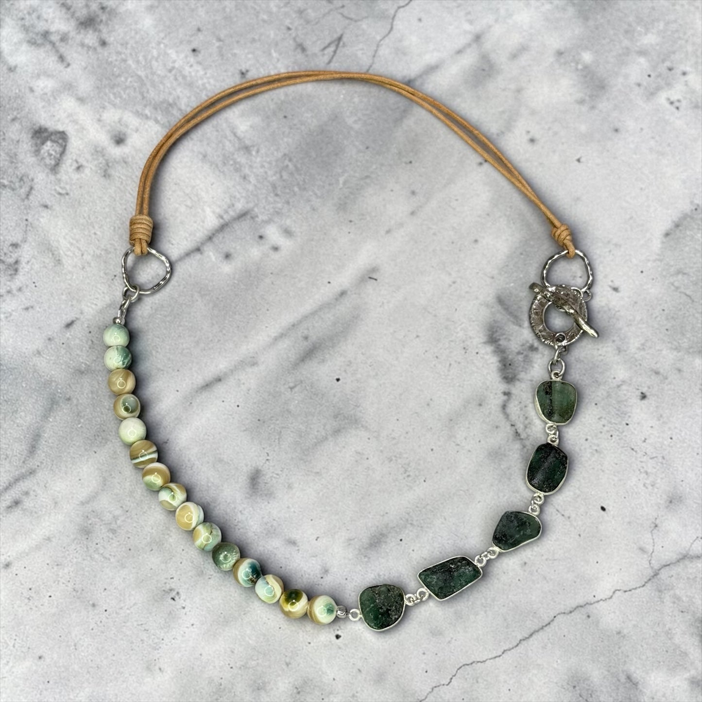 Nature Walk - Hand Cut Raw Emeralds and Turbo Green Mother of Pearl Necklace with Handmade Sterling Silver Clasp
