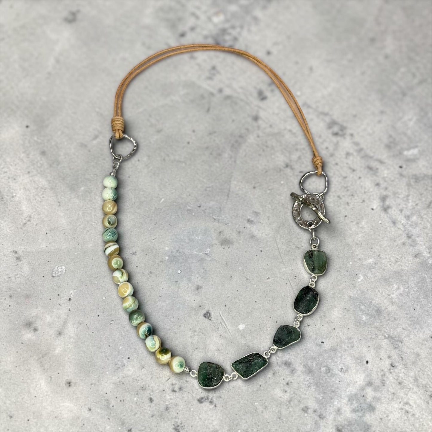 Nature Walk - Hand Cut Raw Emeralds and Turbo Green Mother of Pearl Necklace with Handmade Sterling Silver Clasp