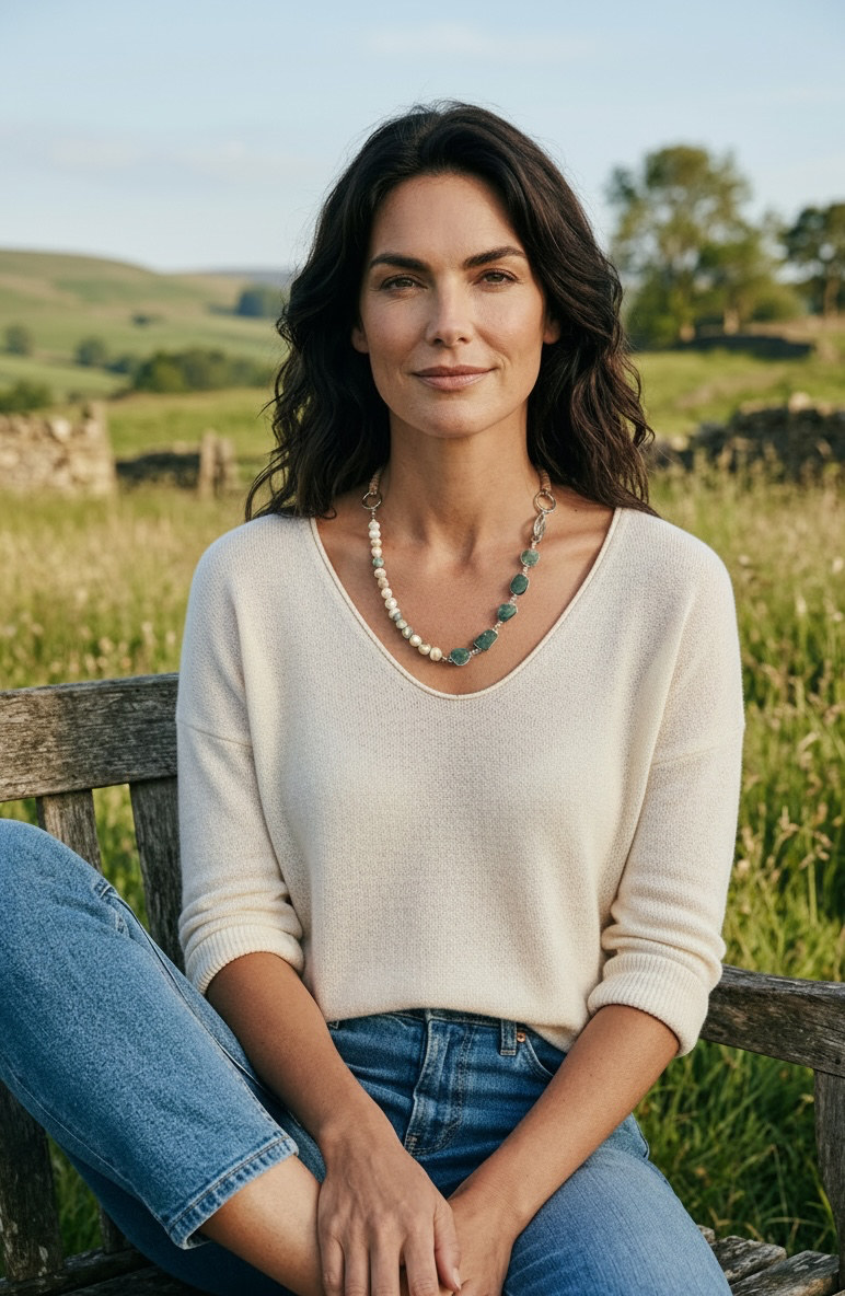 Nature Walk - Hand Cut Raw Emeralds and Turbo Green Mother of Pearl Necklace with Handmade Sterling Silver Clasp