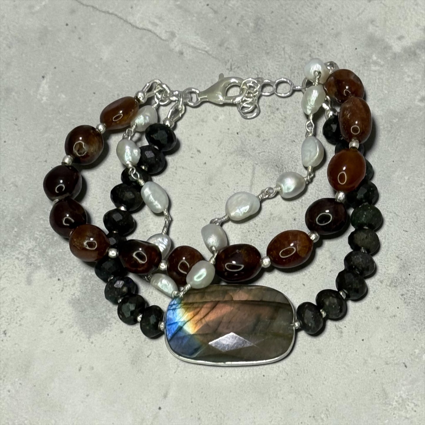 Fireside - Andamooka Opals, Hessonite Garnet, Golden Labradorite, and Pearls 3 Strand Bracelet