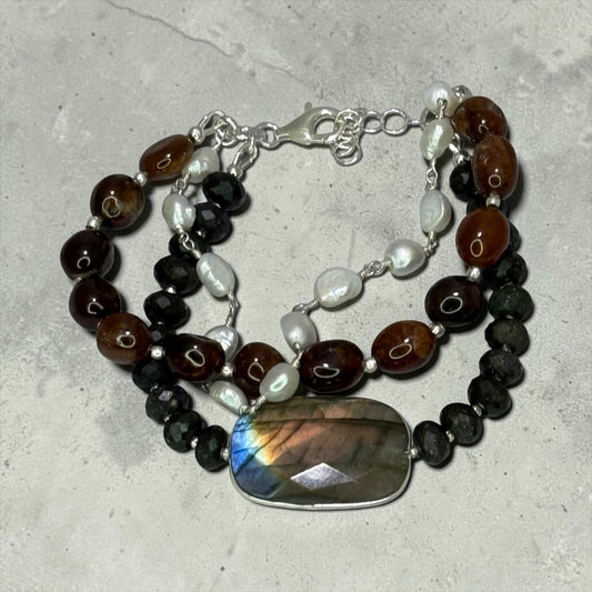 Fireside - Andamooka Opals, Hessonite Garnet, Golden Labradorite, and Pearls 3 Strand Bracelet