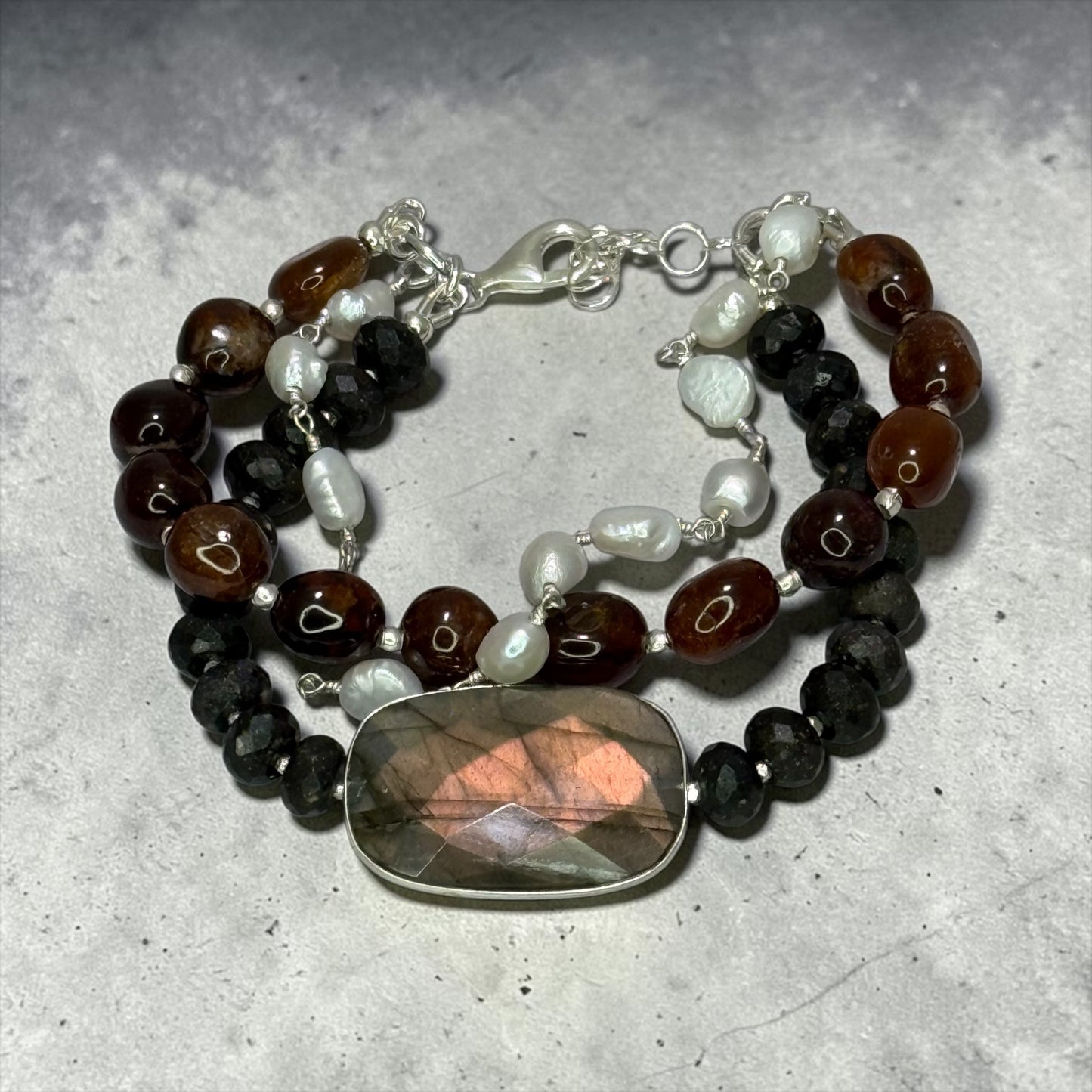 Fireside - Andamooka Opals, Hessonite Garnet, Golden Labradorite, and Pearls 3 Strand Bracelet