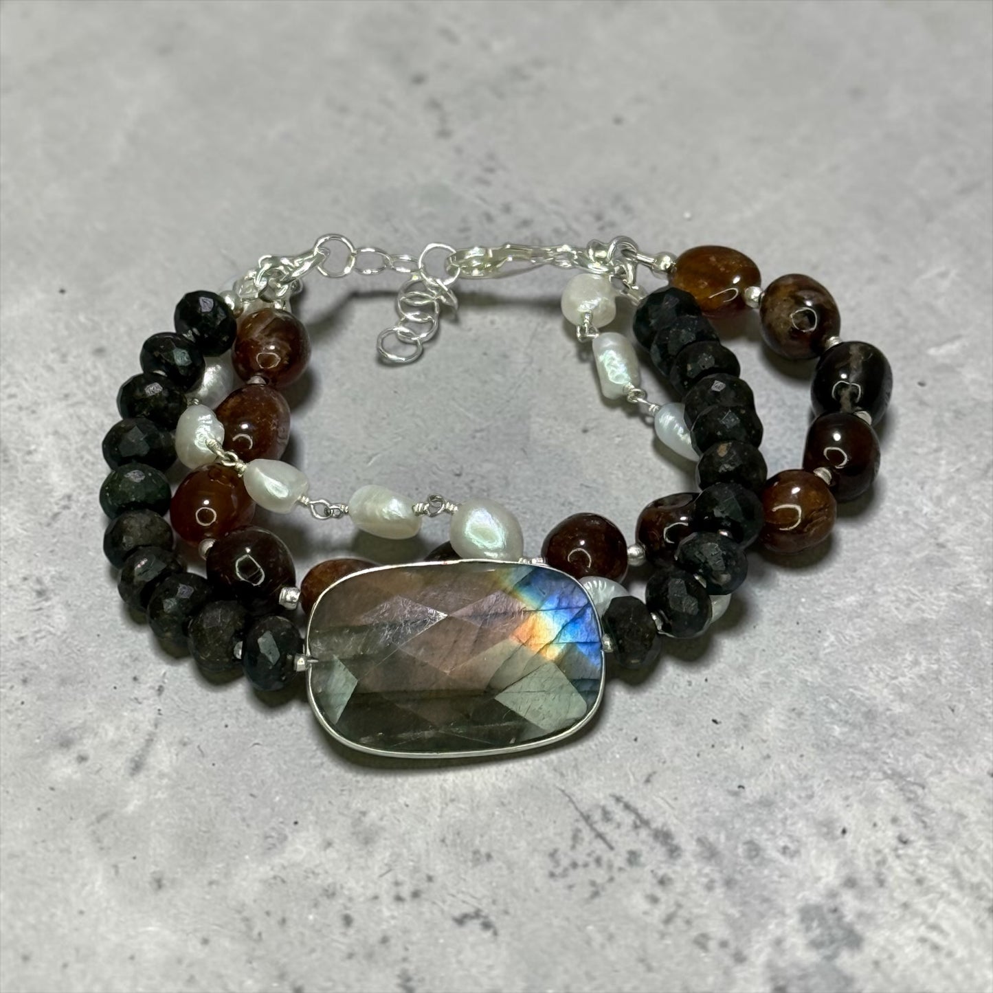 Fireside - Andamooka Opals, Hessonite Garnet, Golden Labradorite, and Pearls 3 Strand Bracelet