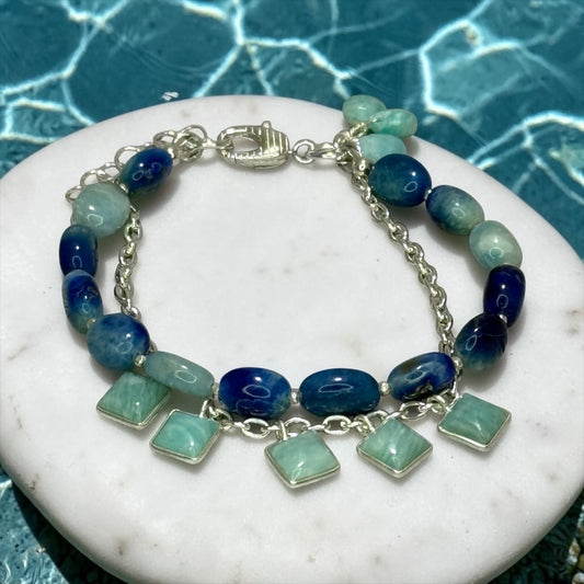Poolside - Rare, Genuine Afghanite and Amazonite Double Strand Bracelet with Handmade Pure Silver Chain- Adjustable