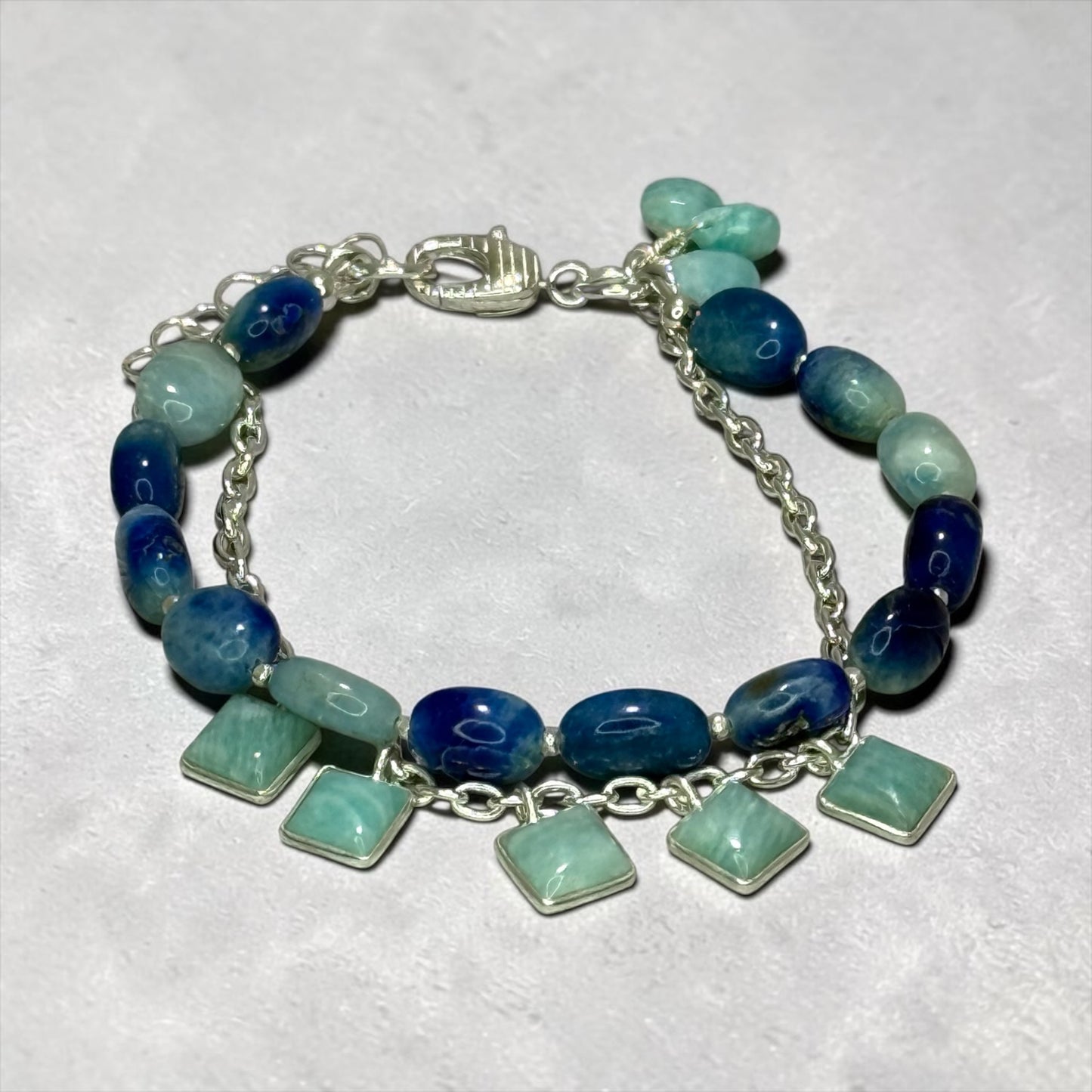 Poolside - Rare, Genuine Afghanite and Amazonite Double Strand Bracelet with Handmade Pure Silver Chain- Adjustable