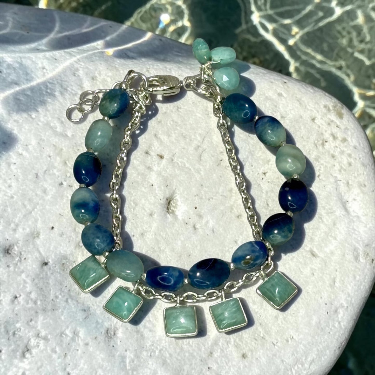 Poolside - Rare, Genuine Afghanite and Amazonite Double Strand Bracelet with Handmade Pure Silver Chain- Adjustable