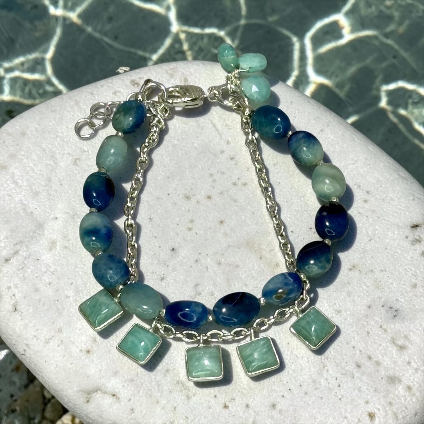 Poolside - Rare, Genuine Afghanite and Amazonite Double Strand Bracelet with Handmade Pure Silver Chain- Adjustable