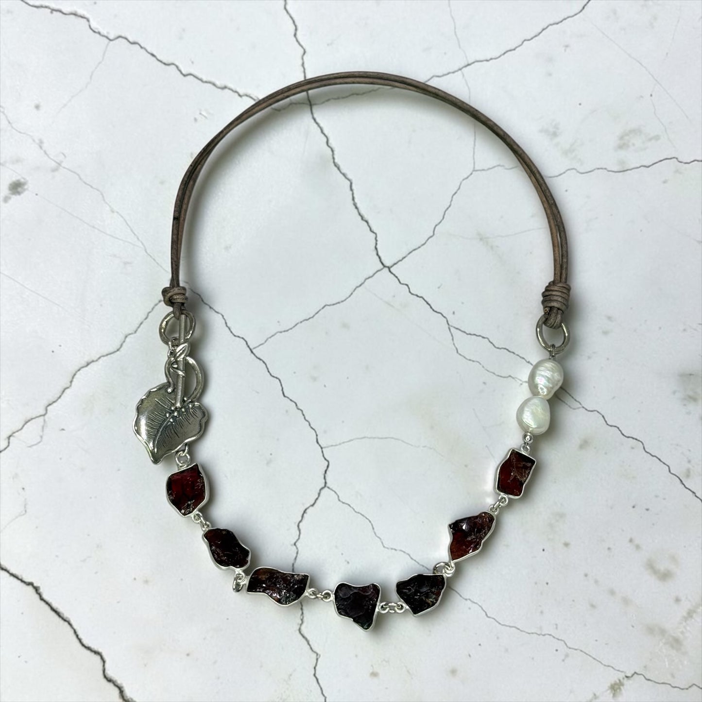 Love Lines - Gorgeous Raw, Hand-cut Garnets and Artisan Sterling Silver Leaf Focal Necklace