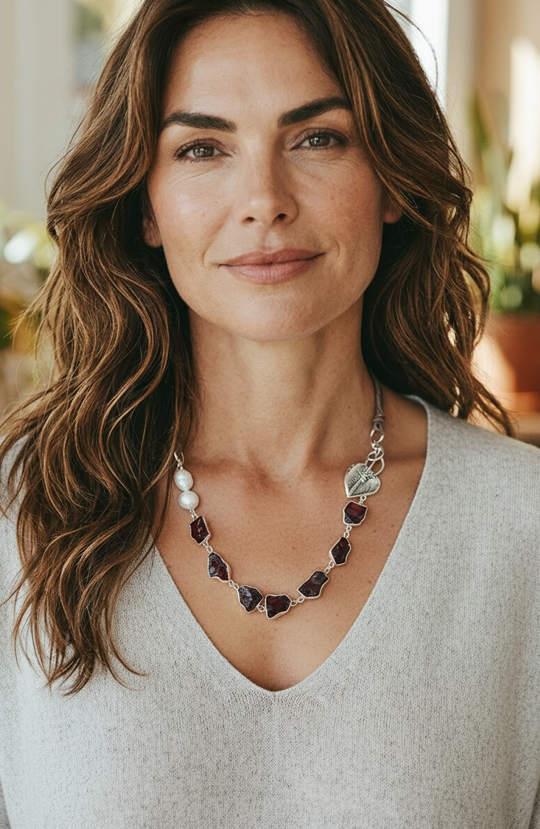 Love Lines - Gorgeous Raw, Hand-cut Garnets and Artisan Sterling Silver Leaf Focal Necklace