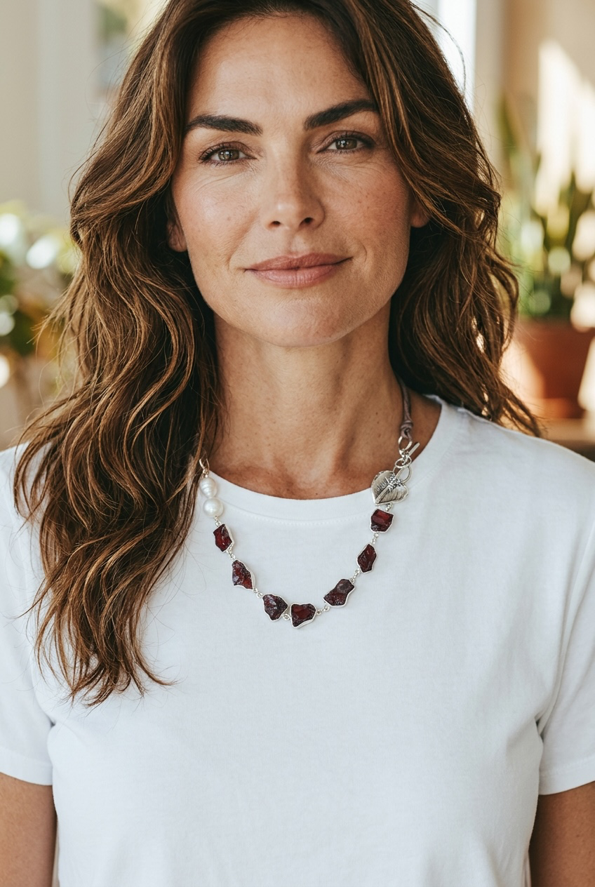 Love Lines - Gorgeous Raw, Hand-cut Garnets and Artisan Sterling Silver Leaf Focal Necklace