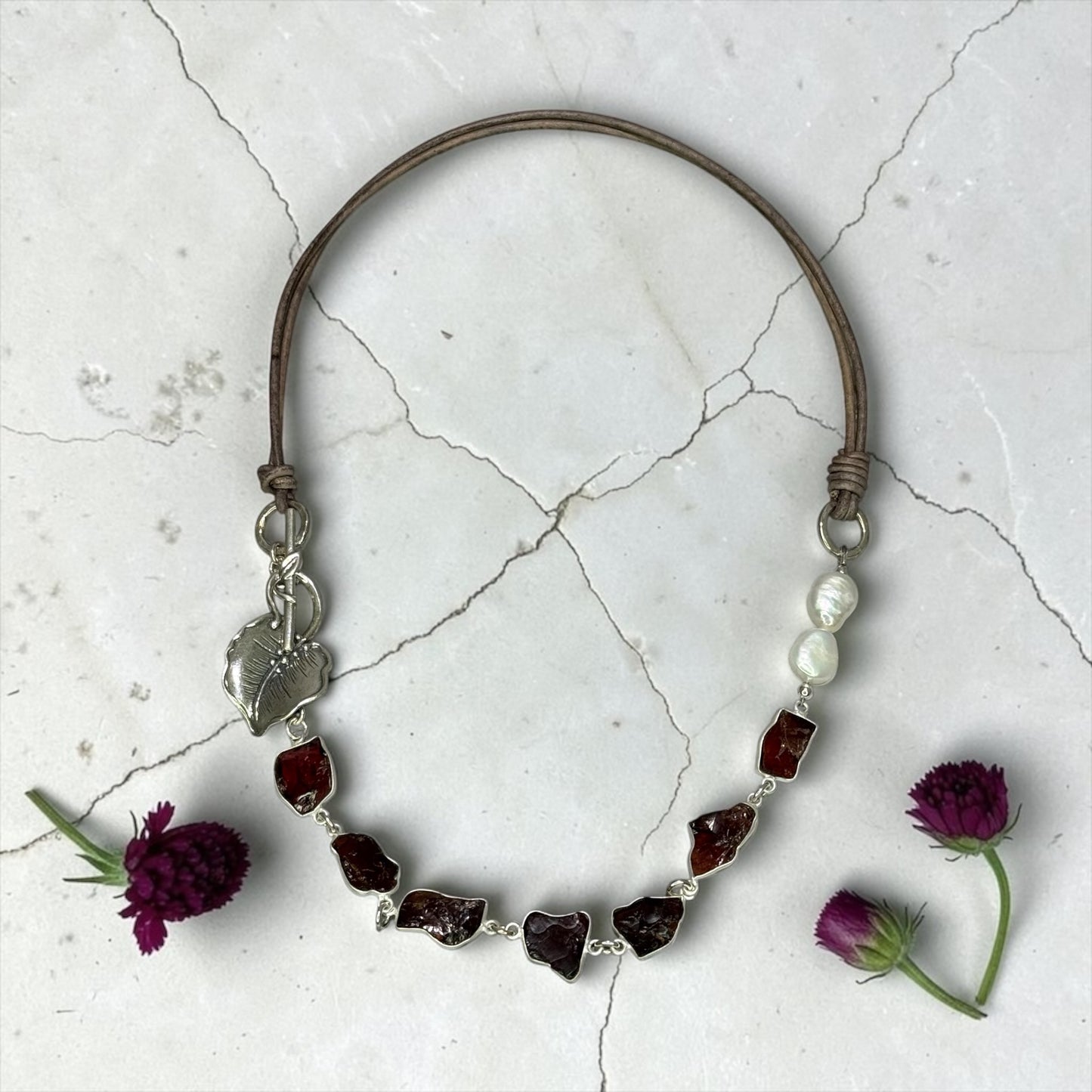 Love Lines - Gorgeous Raw, Hand-cut Garnets and Artisan Sterling Silver Leaf Focal Necklace