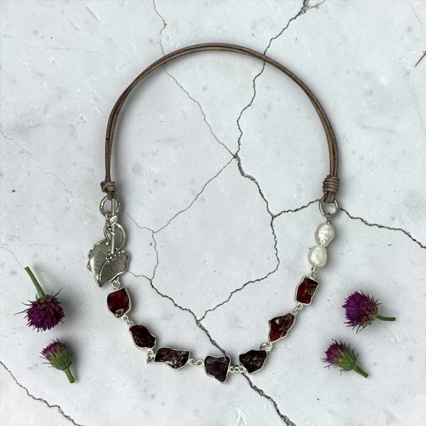 Love Lines - Gorgeous Raw, Hand-cut Garnets and Artisan Sterling Silver Leaf Focal Necklace