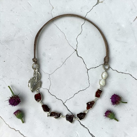 Love Lines - Gorgeous Raw, Hand-cut Garnets and Artisan Sterling Silver Leaf Focal Necklace
