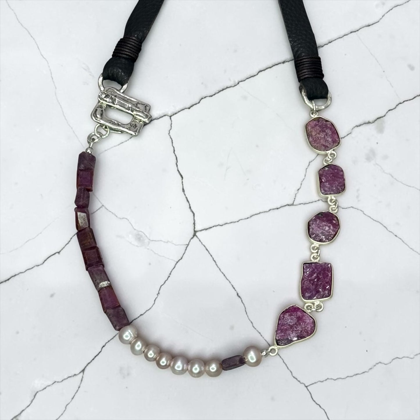 Of Paled Pearls and Rubies - Hand-cut Raw, Genuine Rubies, and Pearls - Adjustable Leather Necklace