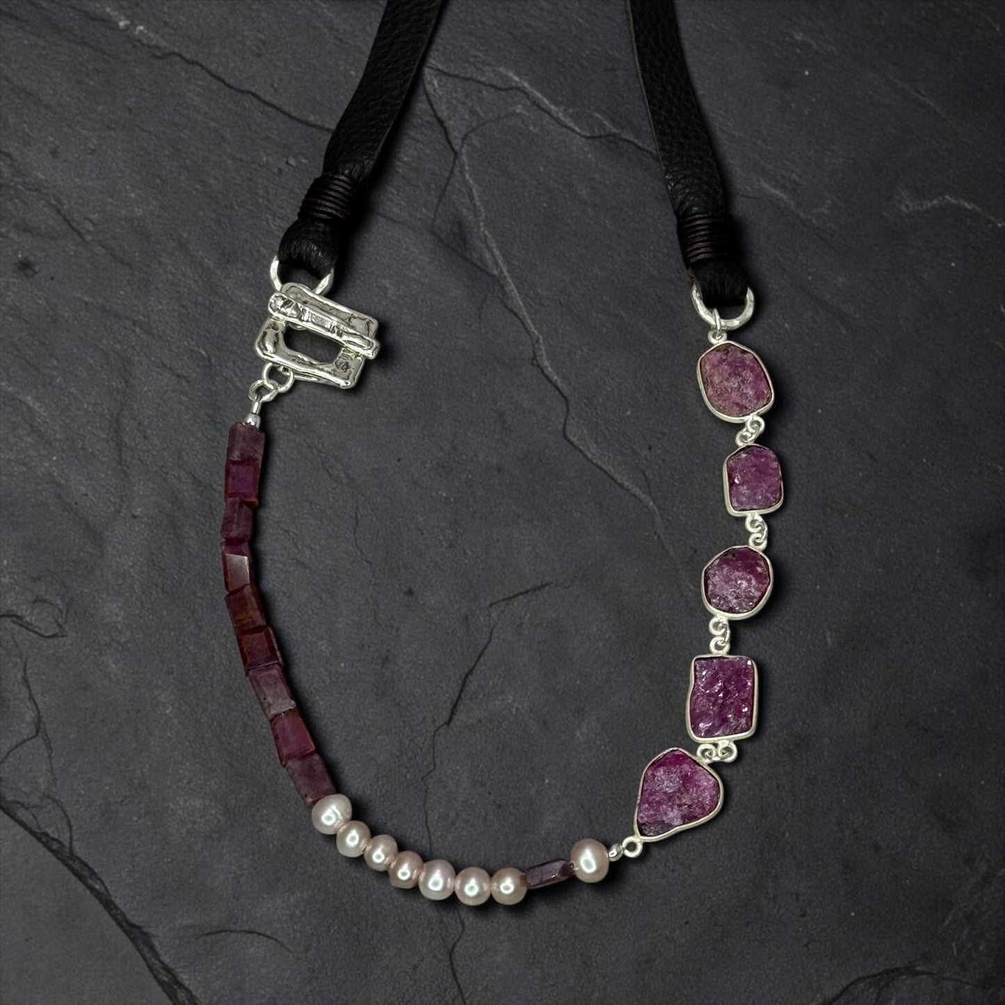 Of Paled Pearls and Rubies - Hand-cut Raw, Genuine Rubies, and Pearls - Adjustable Leather Necklace