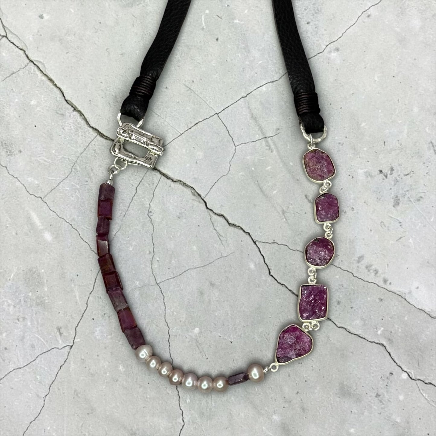 Of Paled Pearls and Rubies - Hand-cut Raw, Genuine Rubies, and Pearls - Adjustable Leather Necklace