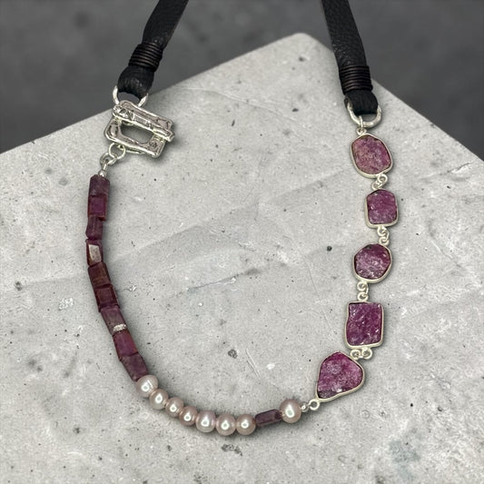 Of Paled Pearls and Rubies - Hand-cut Raw, Genuine Rubies, and Pearls - Adjustable Leather Necklace