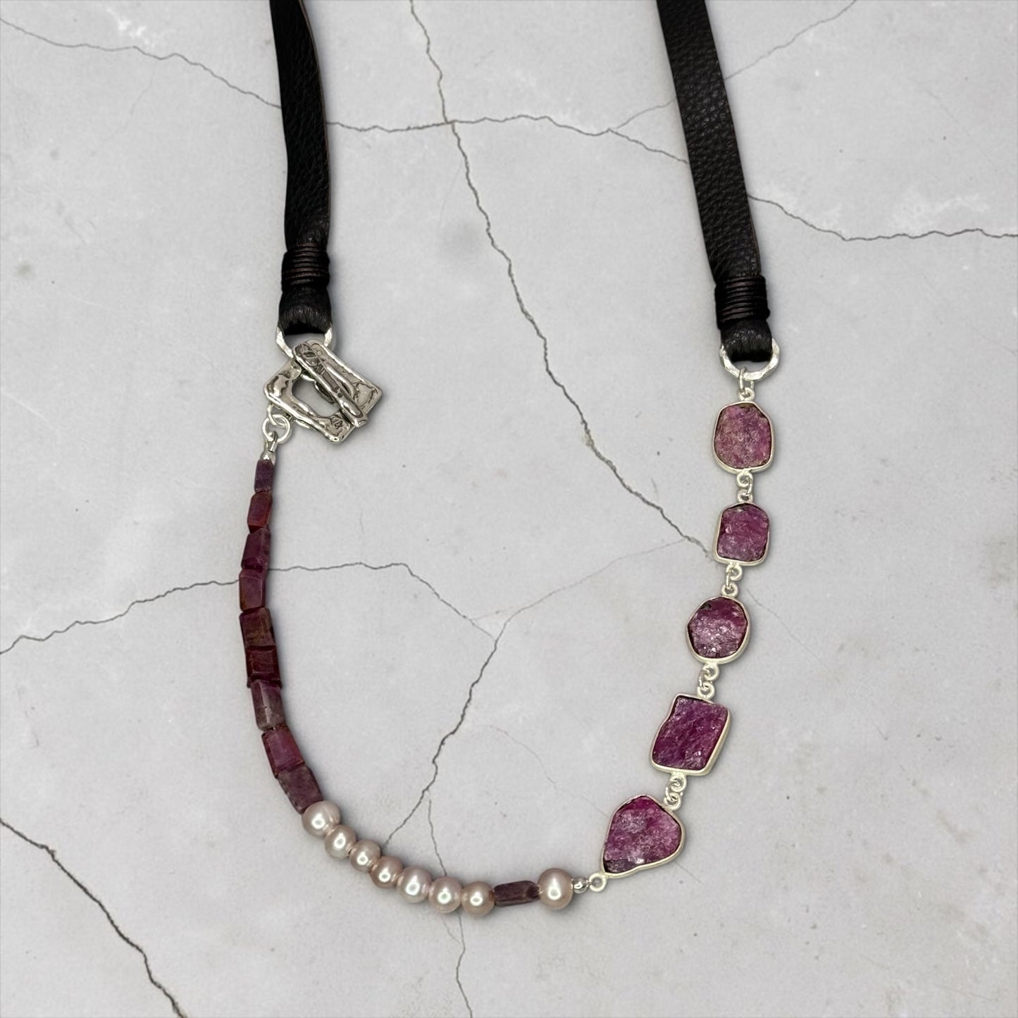 Of Paled Pearls and Rubies - Hand-cut Raw, Genuine Rubies, and Pearls - Adjustable Leather Necklace