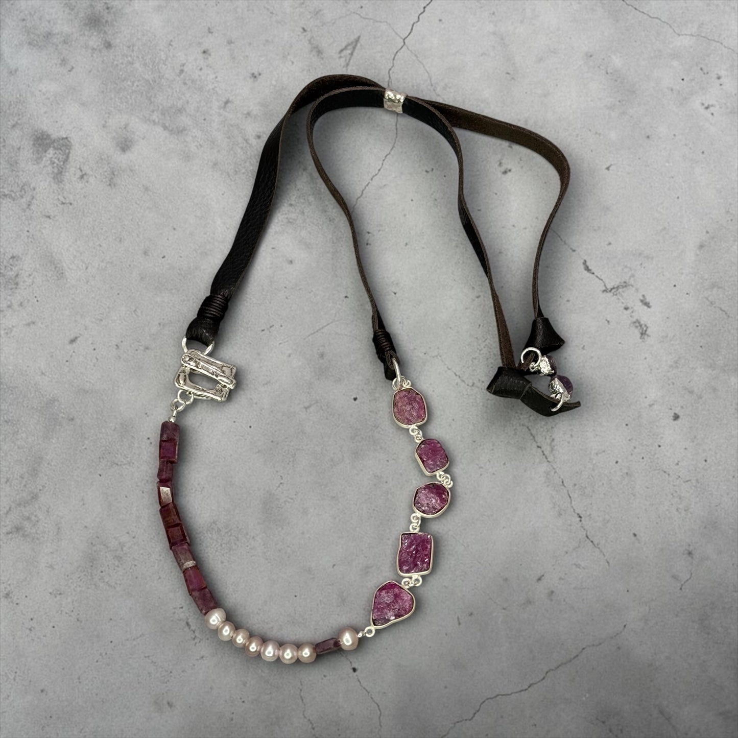Of Paled Pearls and Rubies - Hand-cut Raw, Genuine Rubies, and Pearls - Adjustable Leather Necklace