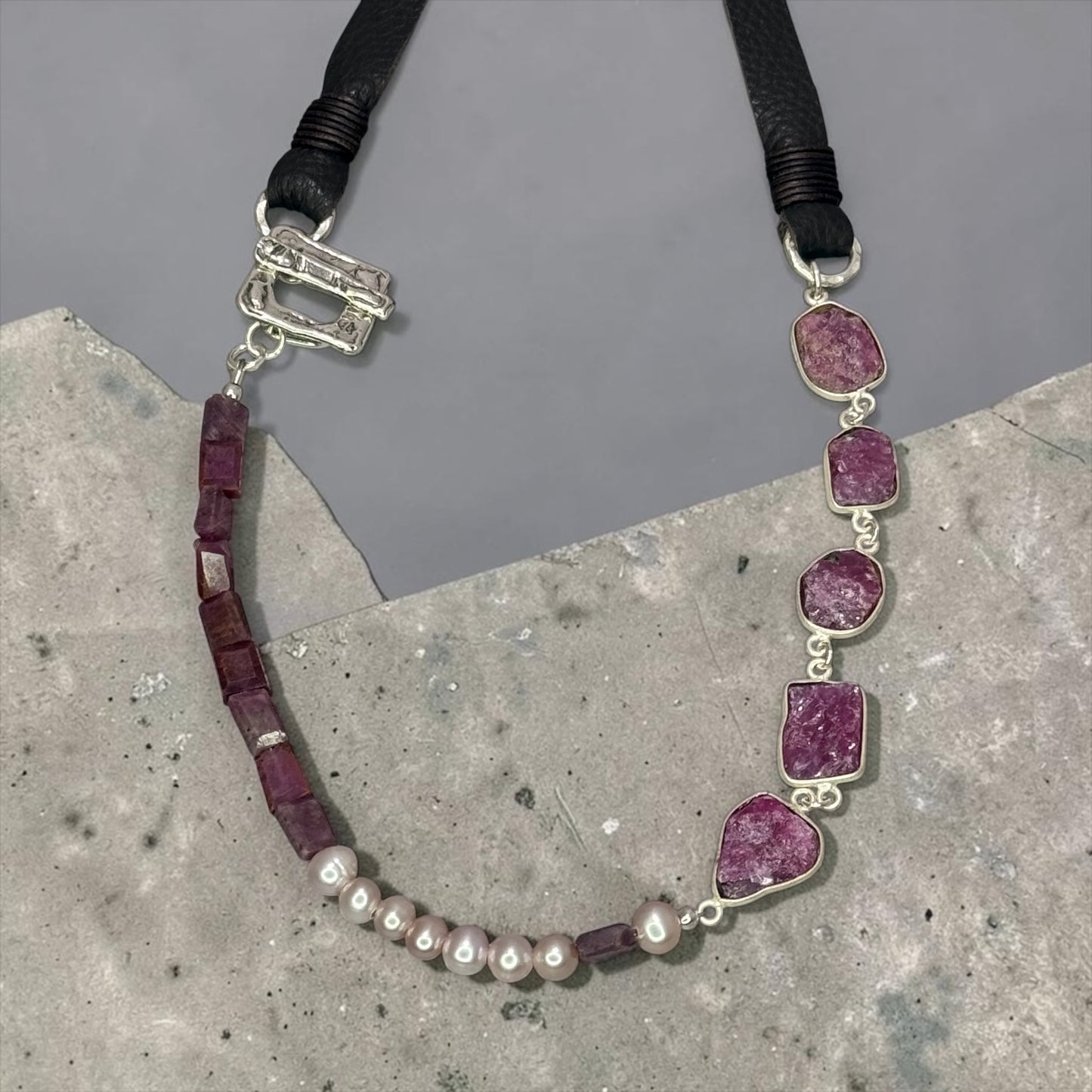 Of Paled Pearls and Rubies - Hand-cut Raw, Genuine Rubies, and Pearls - Adjustable Leather Necklace