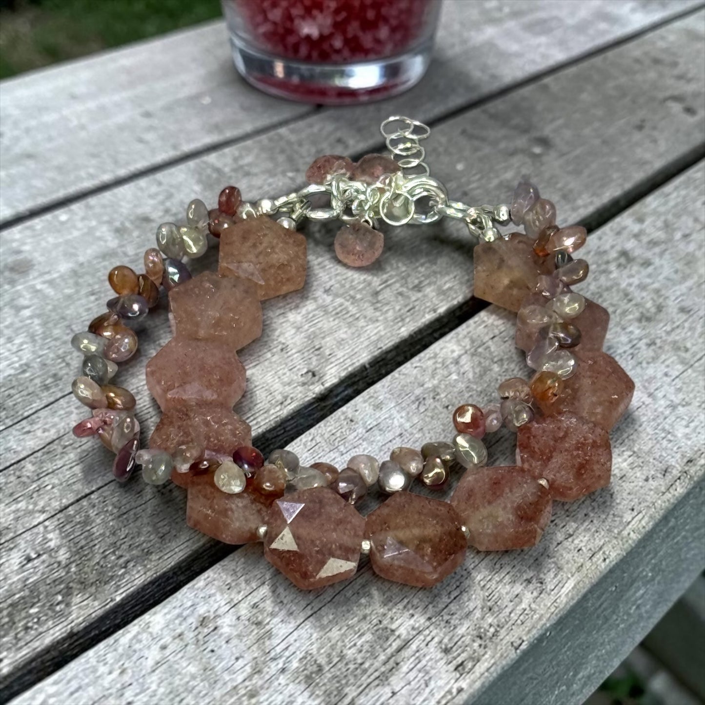 Strawberry Sweet - Hand Cut Strawberry Quartz and Genuine Multi Spinel - Adjustable Sterling Silver Bracelet