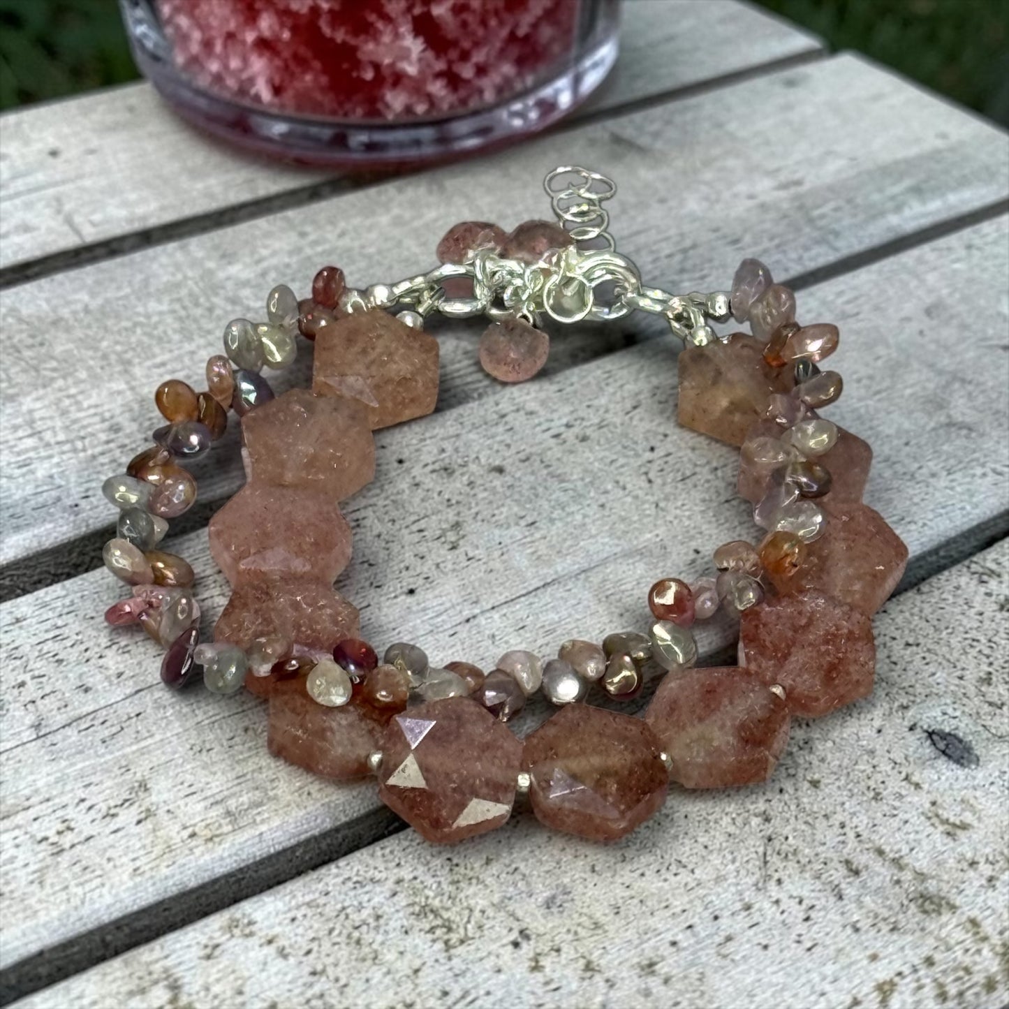 Strawberry Sweet - Hand Cut Strawberry Quartz and Genuine Multi Spinel - Adjustable Sterling Silver Bracelet
