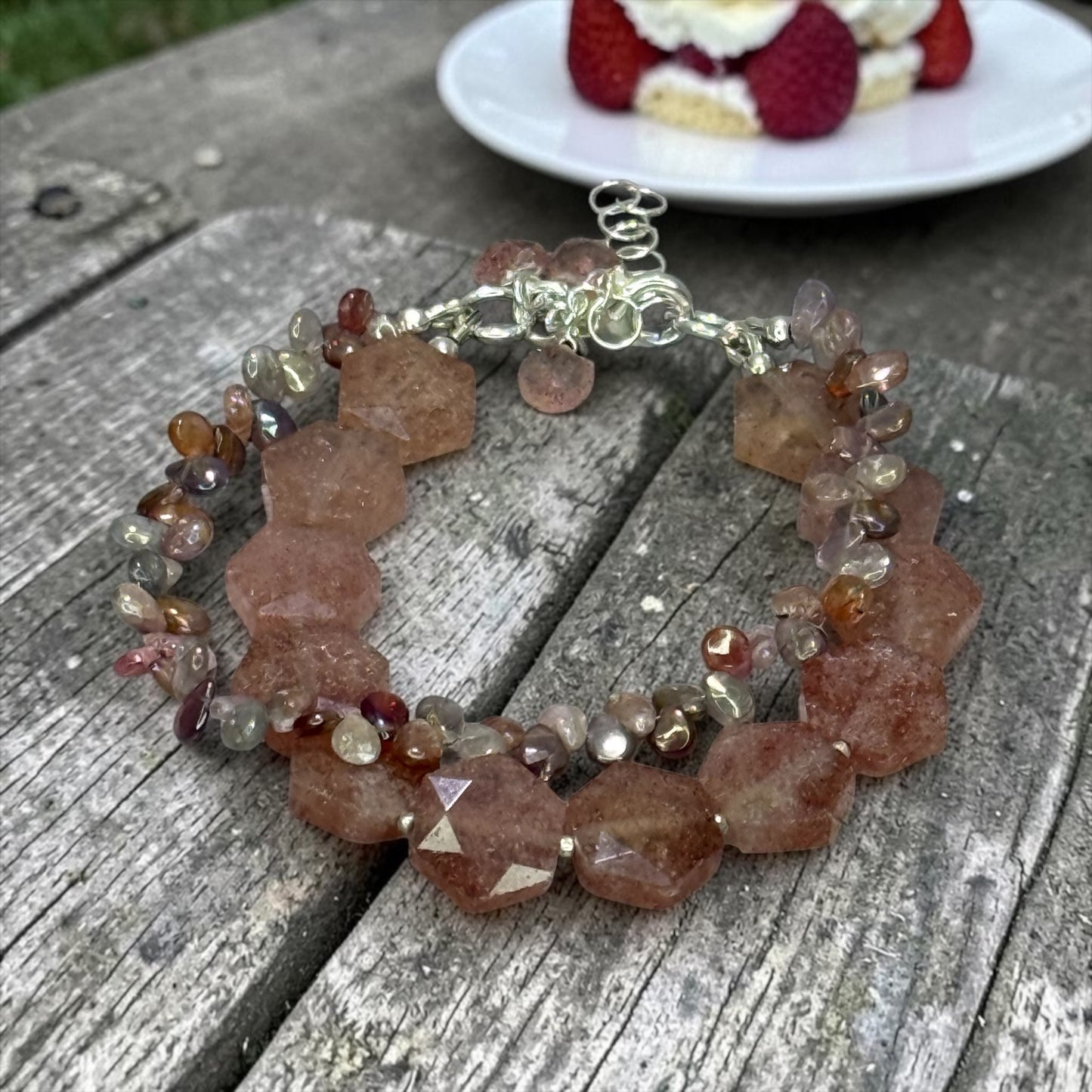 Strawberry Sweet - Hand Cut Strawberry Quartz and Genuine Multi Spinel - Adjustable Sterling Silver Bracelet