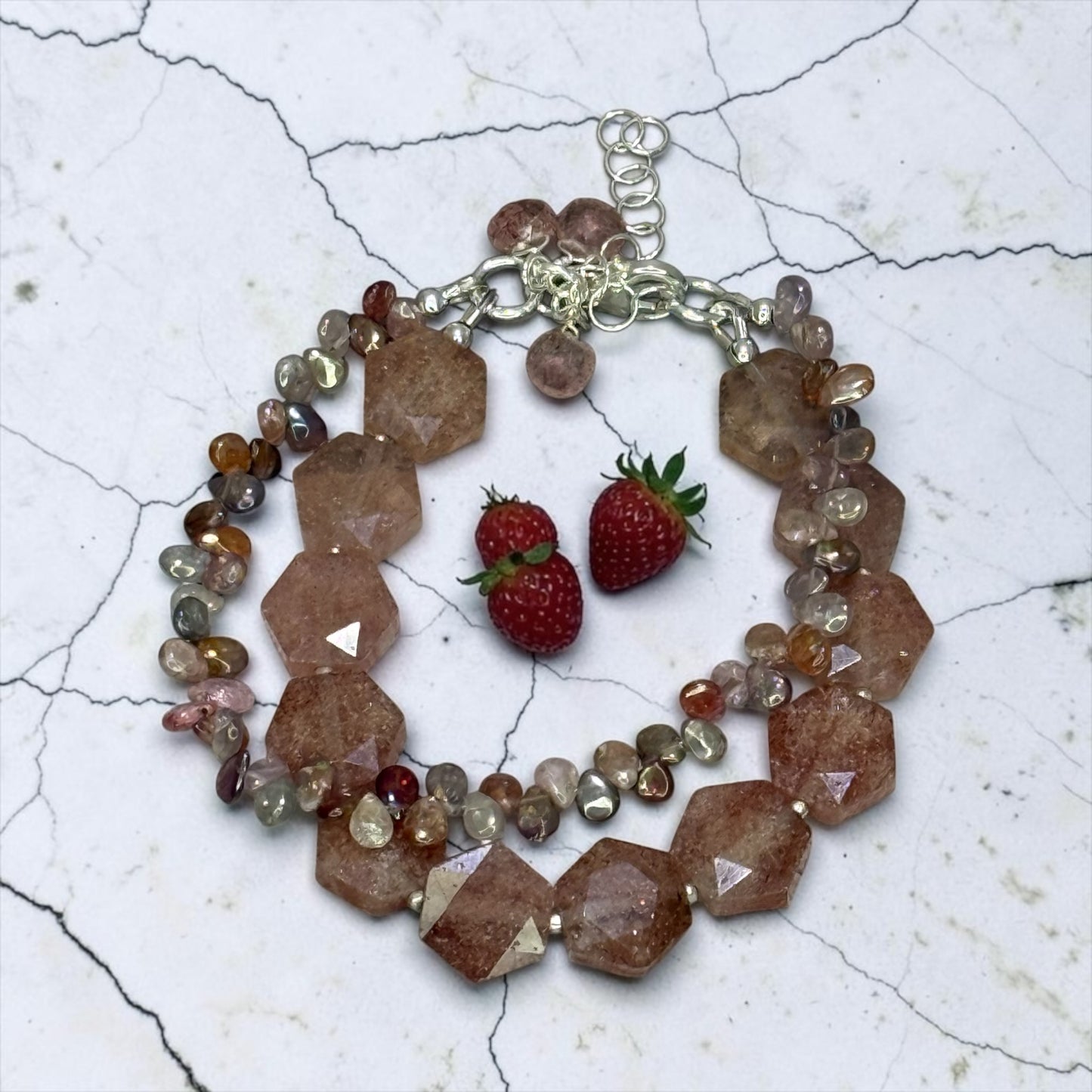 Strawberry Sweet - Hand Cut Strawberry Quartz and Genuine Multi Spinel - Adjustable Sterling Silver Bracelet