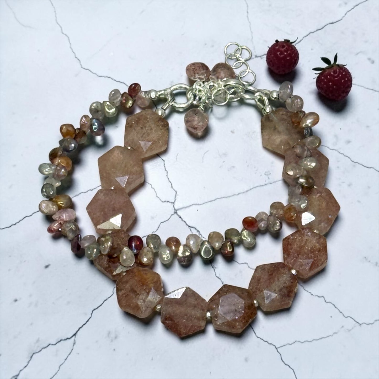 Strawberry Sweet - Hand Cut Strawberry Quartz and Genuine Multi Spinel - Adjustable Sterling Silver Bracelet