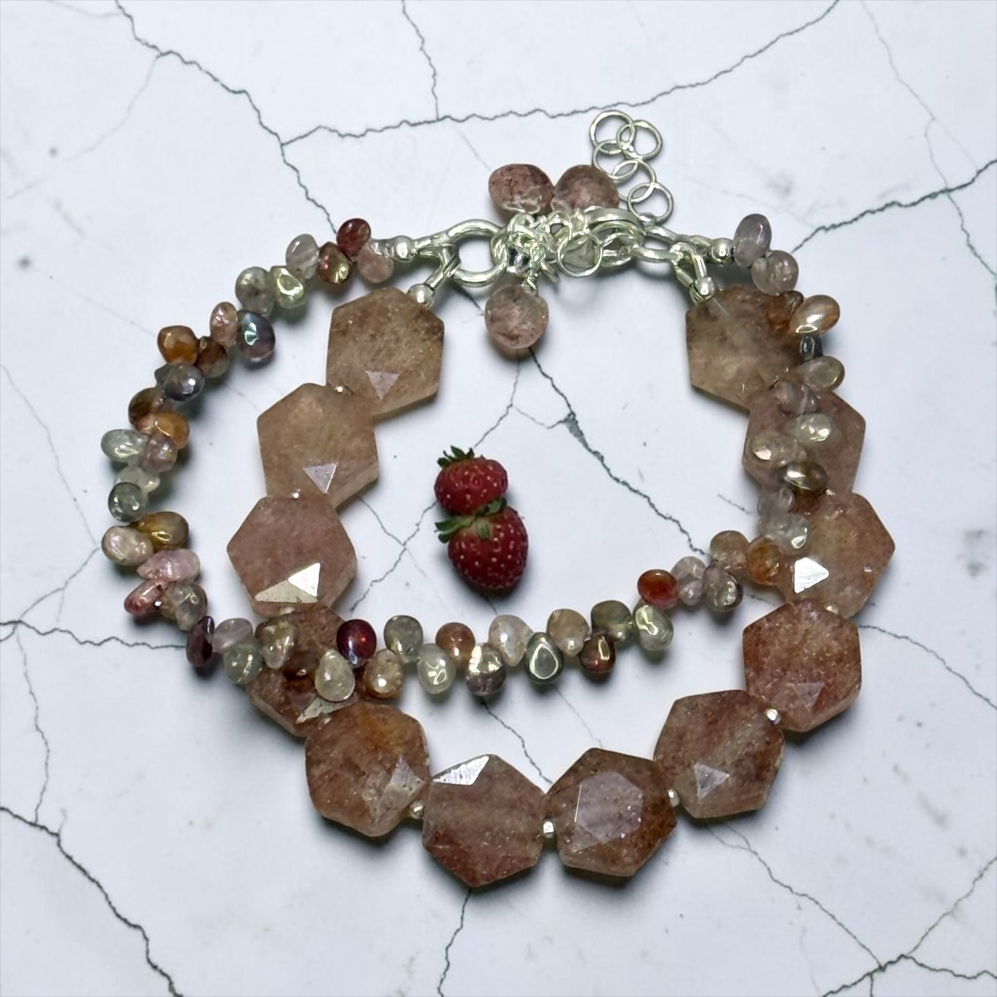 Strawberry Sweet - Hand Cut Strawberry Quartz and Genuine Multi Spinel - Adjustable Sterling Silver Bracelet
