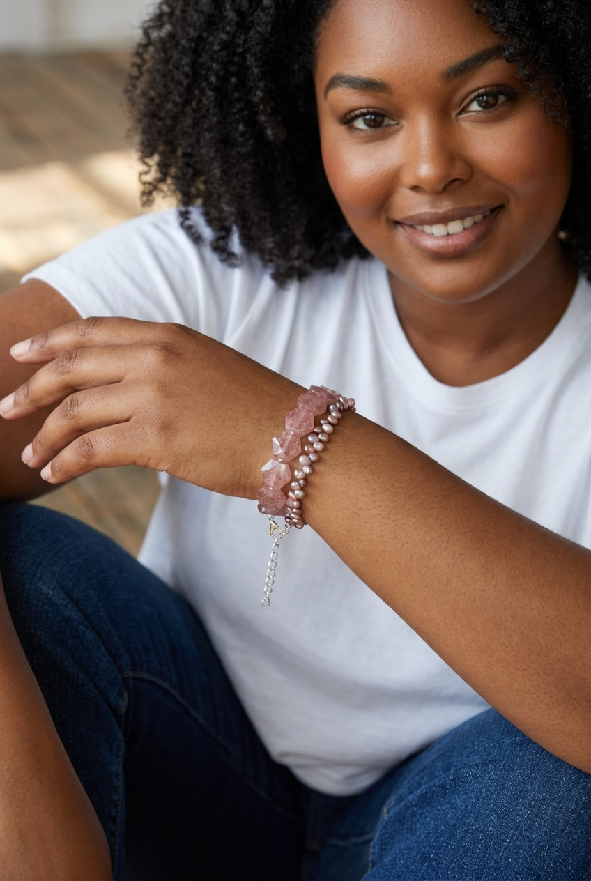 Strawberry Sweet - Hand Cut Strawberry Quartz and Genuine Multi Spinel - Adjustable Sterling Silver Bracelet