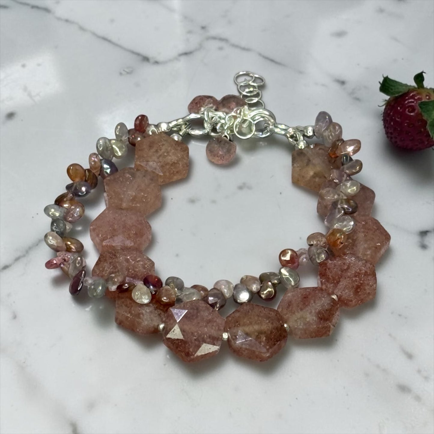 Strawberry Sweet - Hand Cut Strawberry Quartz and Genuine Multi Spinel - Adjustable Sterling Silver Bracelet