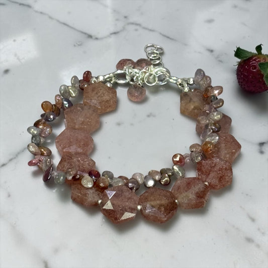 Strawberry Sweet - Hand Cut Strawberry Quartz and Genuine Multi Spinel - Adjustable Sterling Silver Bracelet