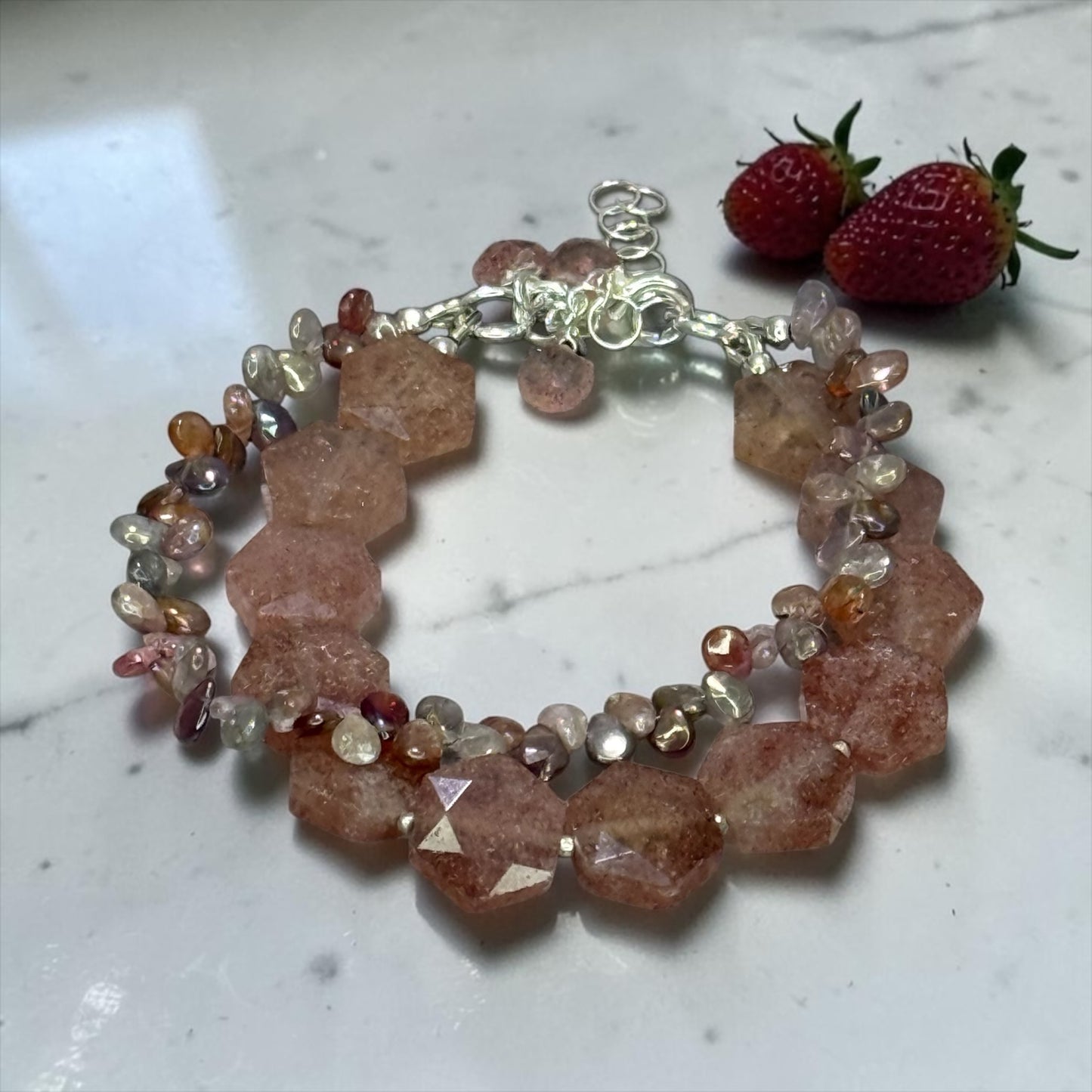 Strawberry Sweet - Hand Cut Strawberry Quartz and Genuine Multi Spinel - Adjustable Sterling Silver Bracelet