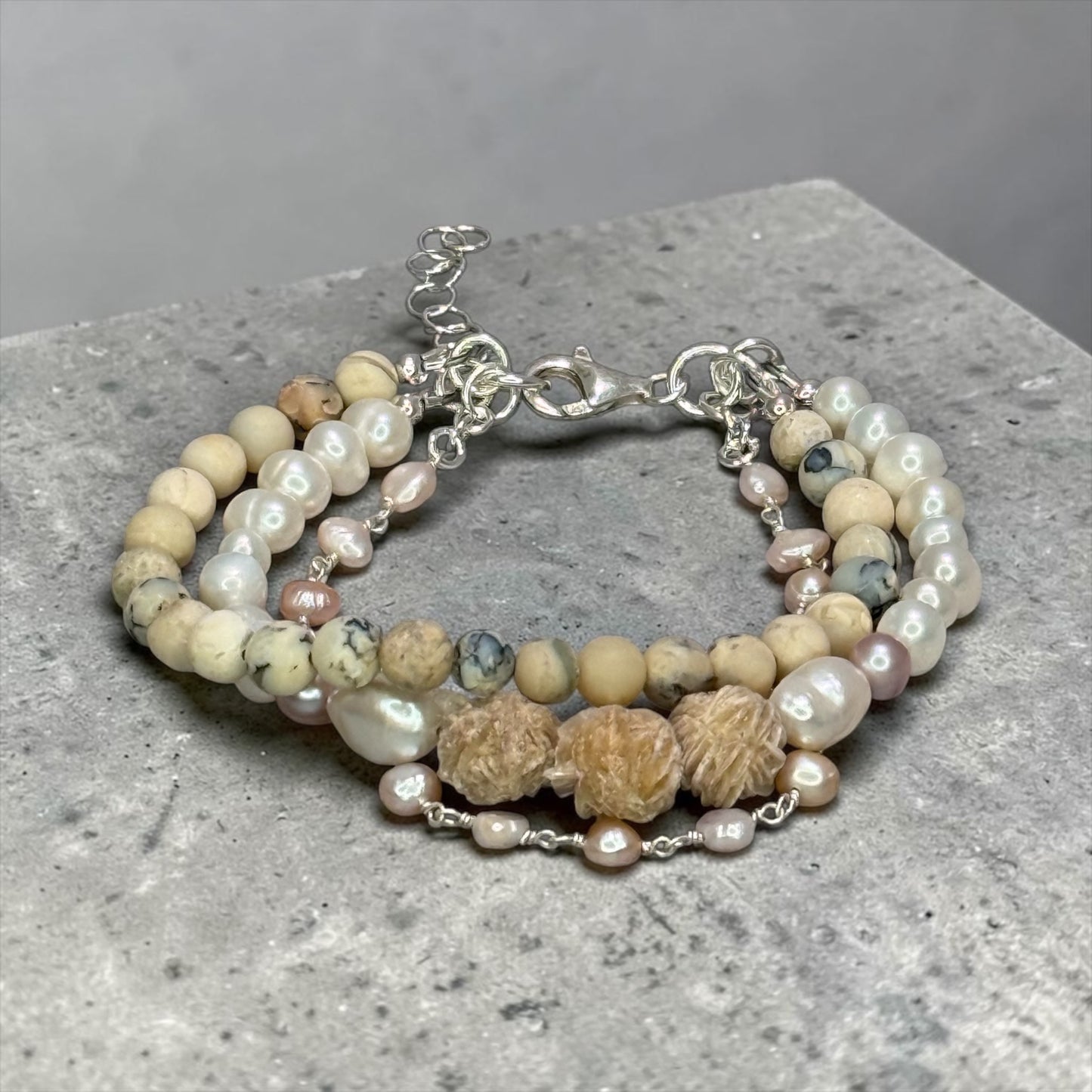 Liquid Light - Raw Selenite, African White Opals, and baby Baroque Pearls