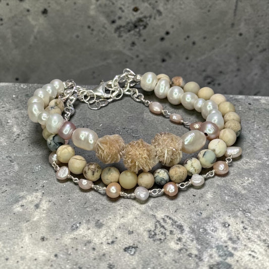 Liquid Light - Raw Selenite, African White Opals, and baby Baroque Pearls