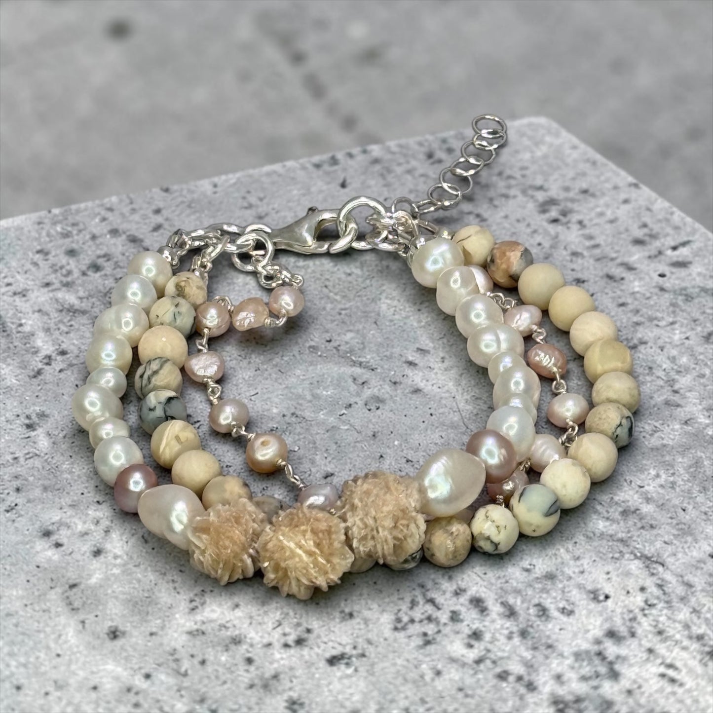 Liquid Light - Raw Selenite, African White Opals, and baby Baroque Pearls