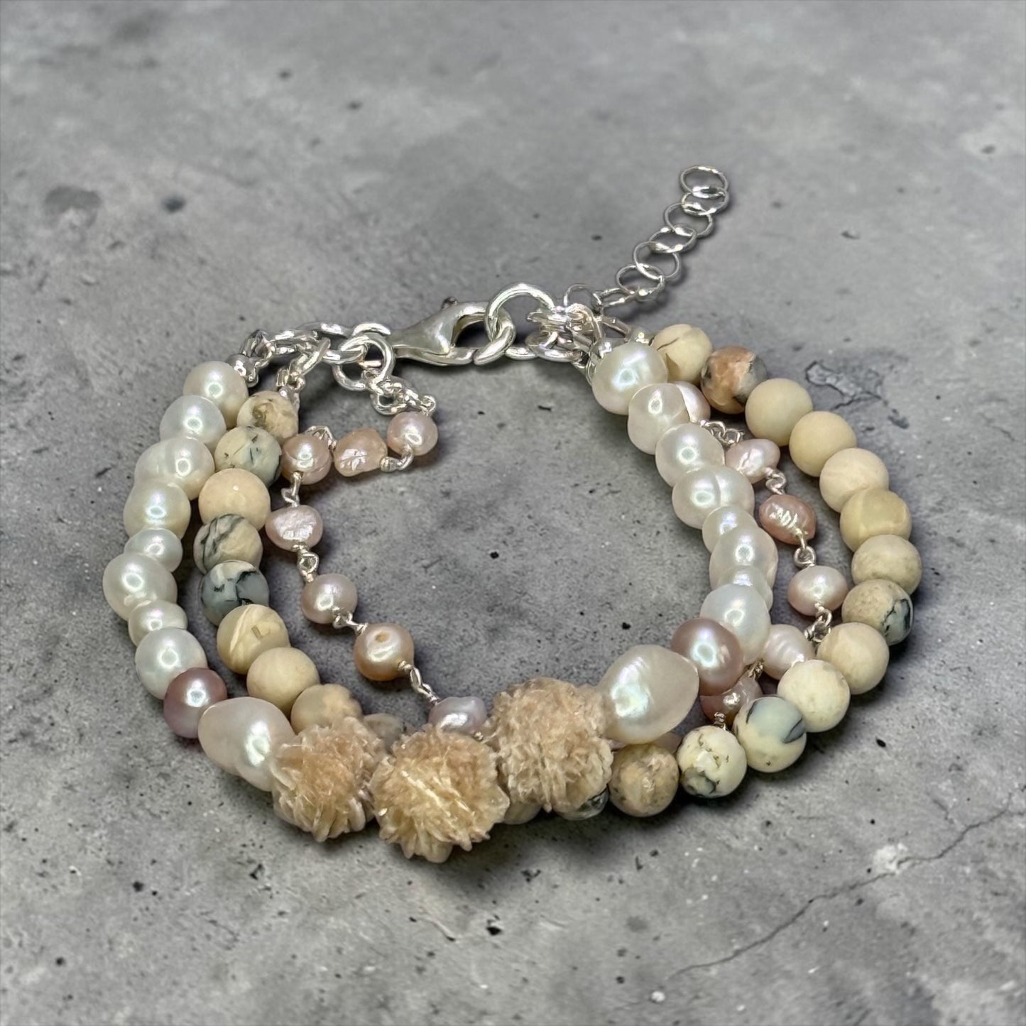 Liquid Light - Raw Selenite, African White Opals, and baby Baroque Pearls