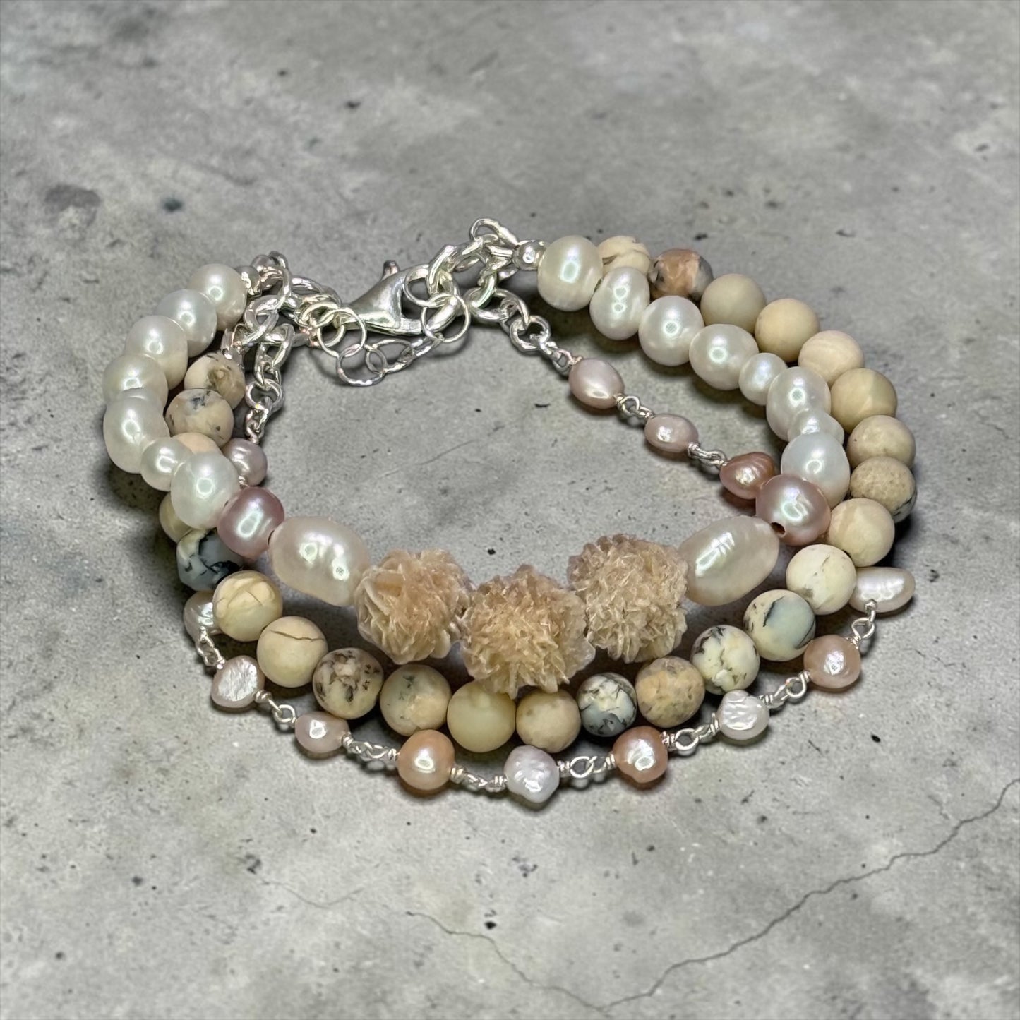 Liquid Light - Raw Selenite, African White Opals, and baby Baroque Pearls