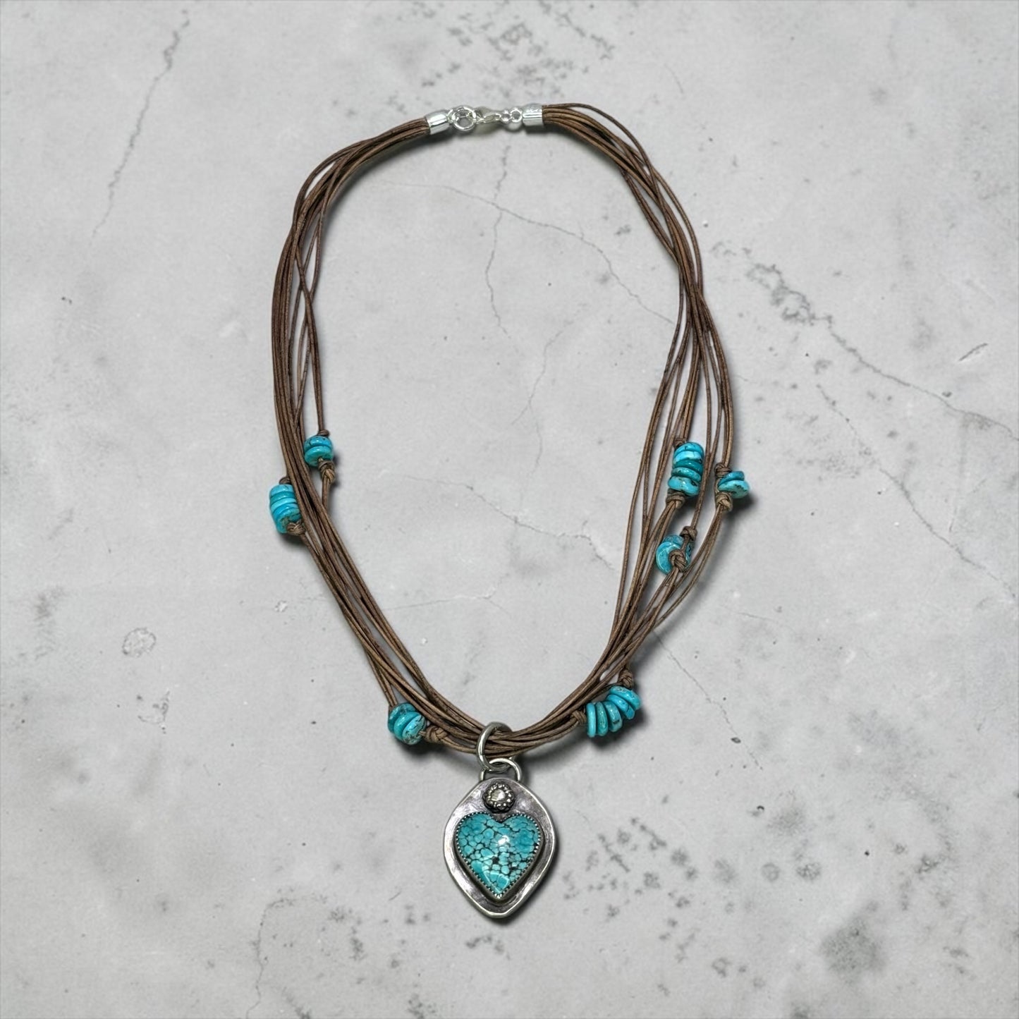 Heart Strings - Handmade Artisan Sterling Silver Turquoise Heart Pendant on Leather Necklace