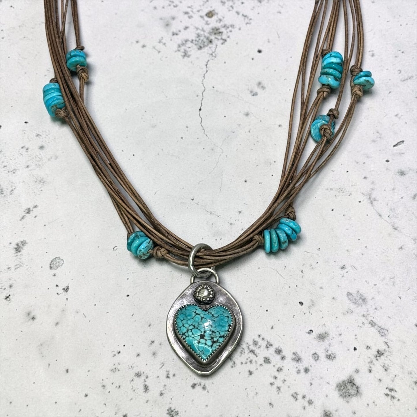 Heart Strings - Handmade Artisan Sterling Silver Turquoise Heart Pendant on Leather Necklace