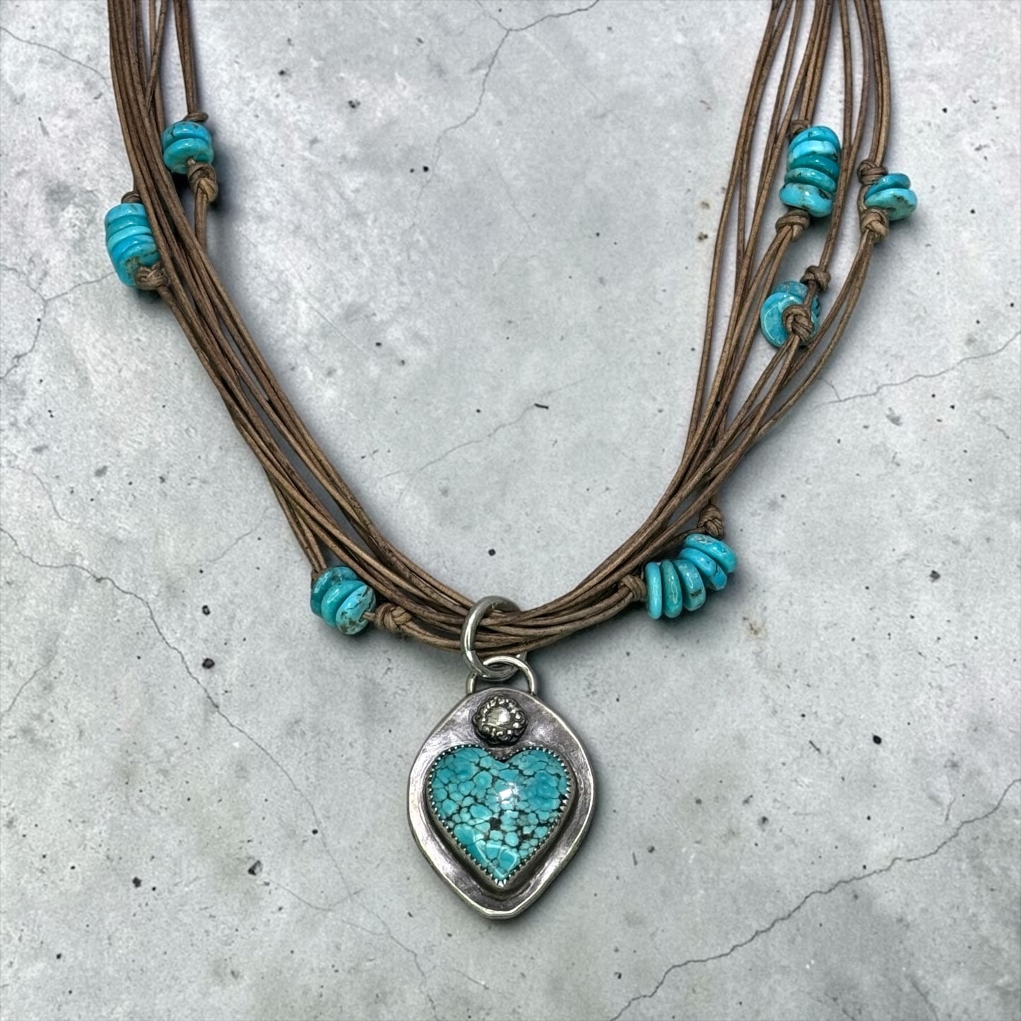 Heart Strings - Handmade Artisan Sterling Silver Turquoise Heart Pendant on Leather Necklace