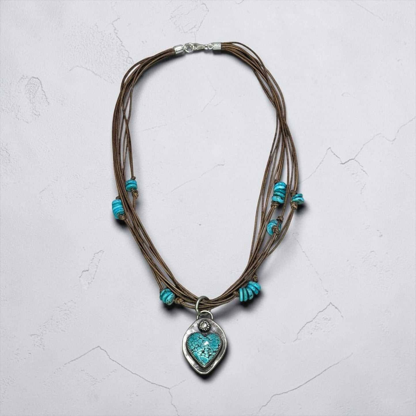 Heart Strings - Handmade Artisan Sterling Silver Turquoise Heart Pendant on Leather Necklace