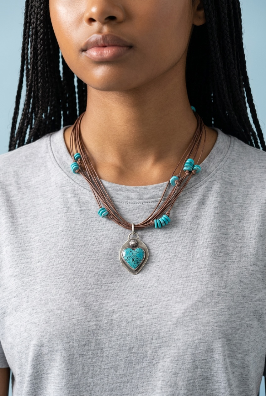 Heart Strings - Handmade Artisan Sterling Silver Turquoise Heart Pendant on Leather Necklace