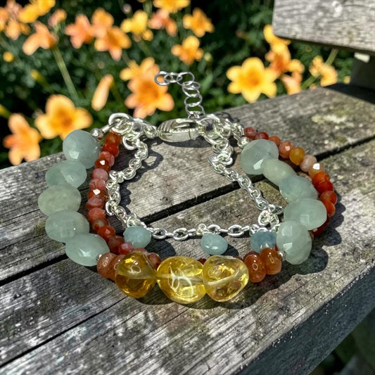 Garden Party - Citrine, Aquamarine, Sunstone, and Red Agate Adjustable 3 Strand Bracelet