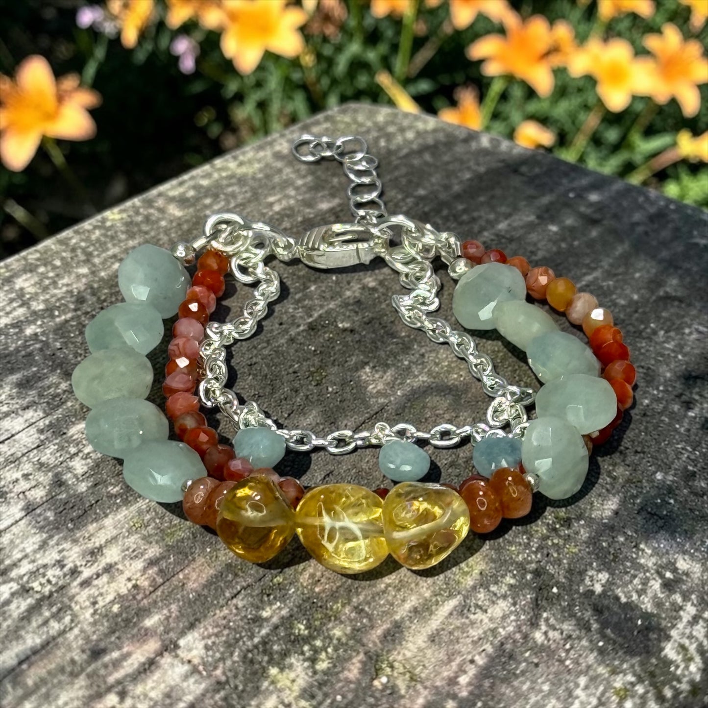 Garden Party - Citrine, Aquamarine, Sunstone, and Red Agate Adjustable 3 Strand Bracelet