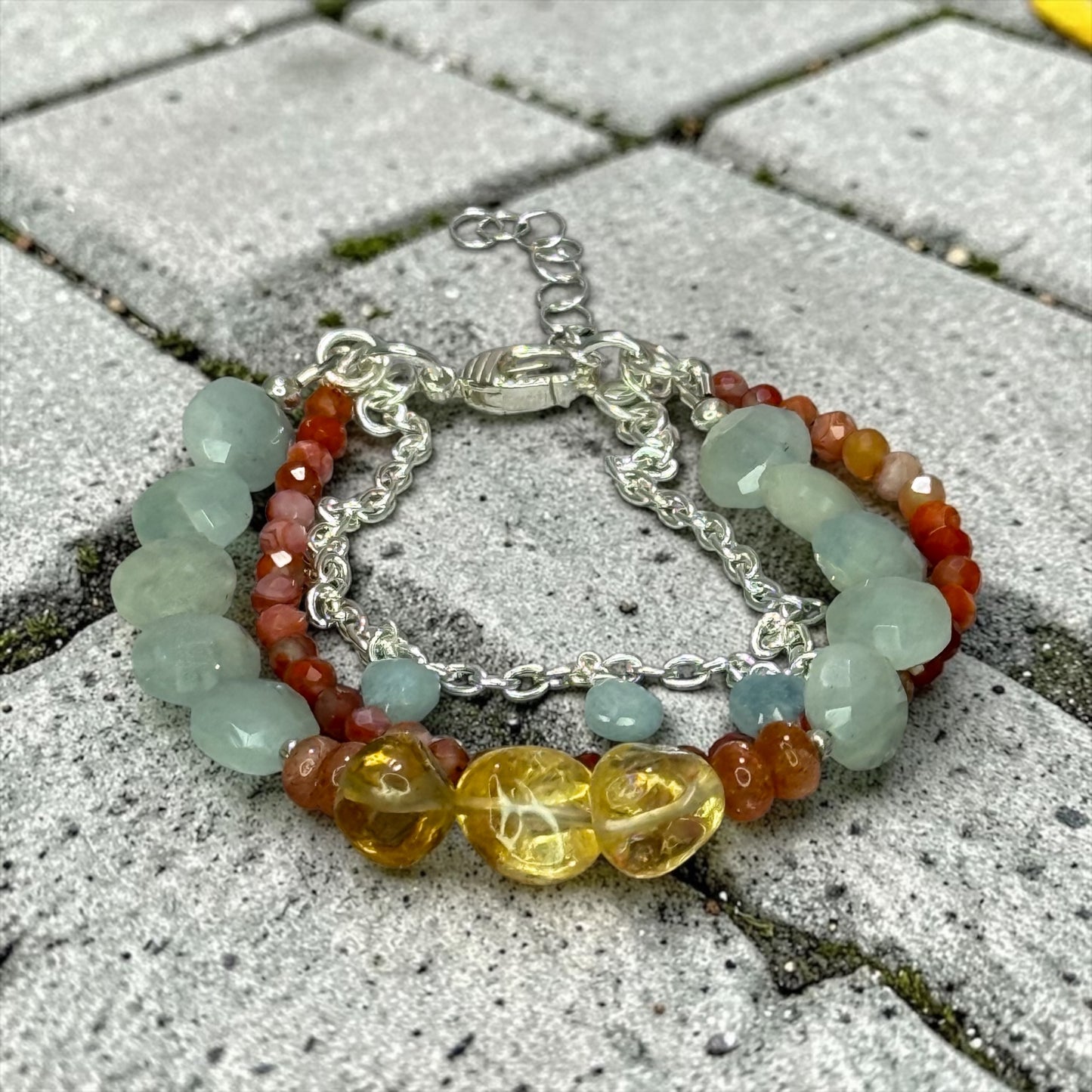 Garden Party - Citrine, Aquamarine, Sunstone, and Red Agate Adjustable 3 Strand Bracelet